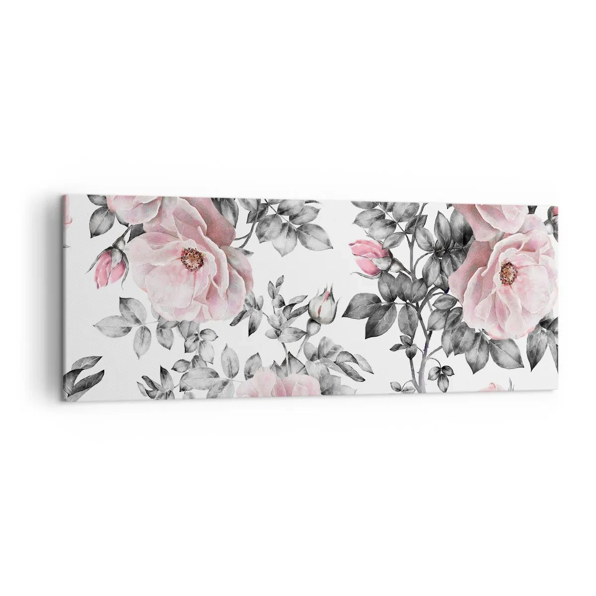 Quadro su tela - Stampe su Tela - Rose rosa e foglie su un delicato sfondo bianco e nero - 140x50cm - Perdersi tra le rose - Decorazione murale moderna per soggiorno e camera da letto ARTTOR
