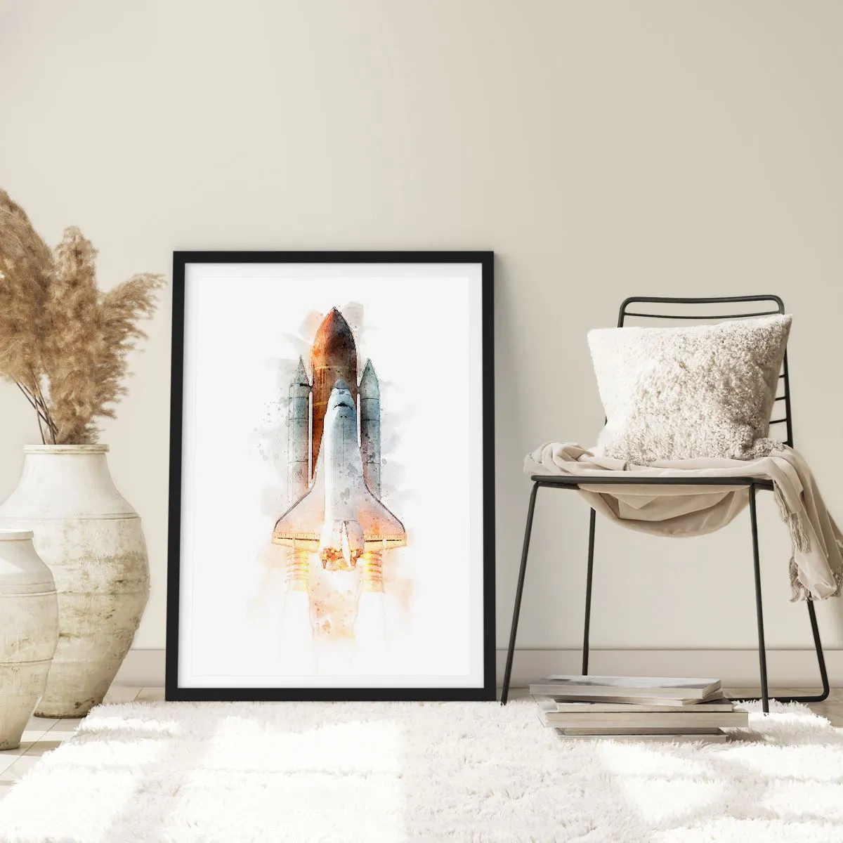 Poster in cornice nera - Navetta spaziale in stile acquerello che decolla - 50x70cm - La partenza degli esploratori - Decorazione murale moderna per soggiorno e camera da letto ARTTOR