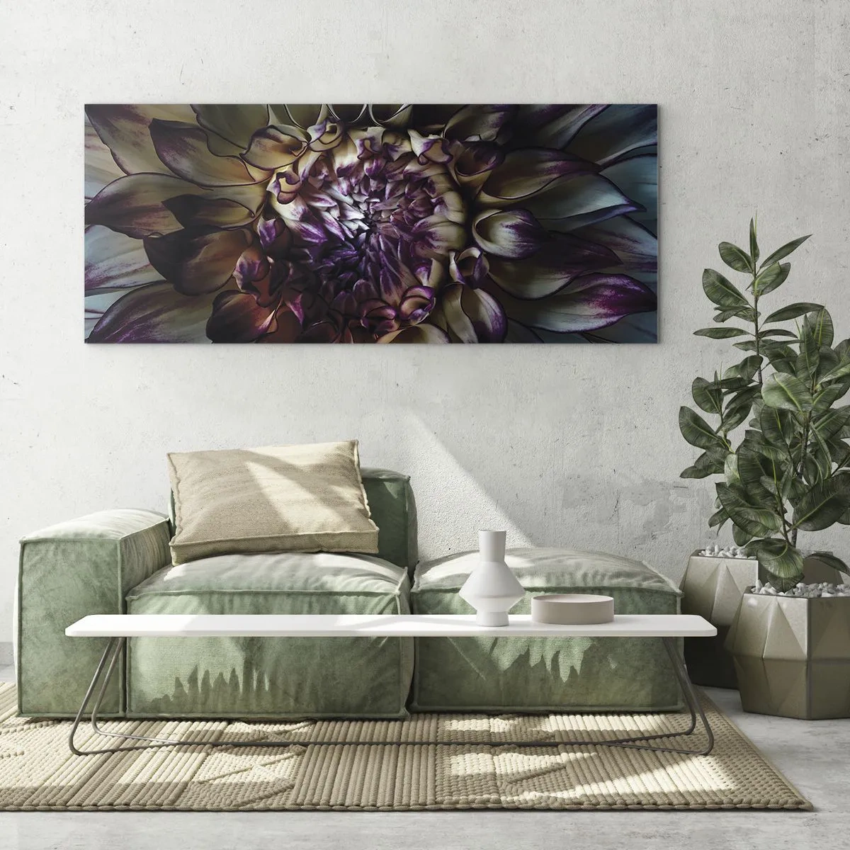 Quadro su vetro - Primo piano di un fiore di dalia in toni scuri - 160x50cm - Il rigoglio della giovinezza - Decorazione murale moderna per soggiorno e camera da letto ARTTOR