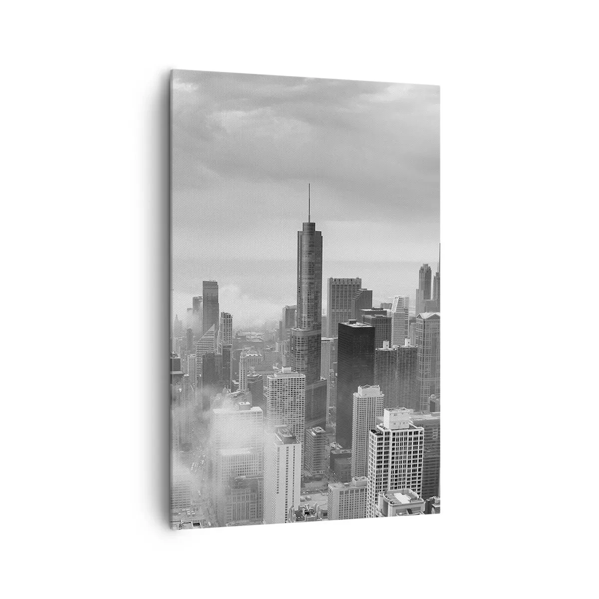 Quadro su tela - Stampe su Tela - Panorama della città con grattacieli tra le nuvole in bianco e nero - 80x120cm - Paesaggio americano - Decorazione murale moderna per soggiorno e camera da letto ARTTOR