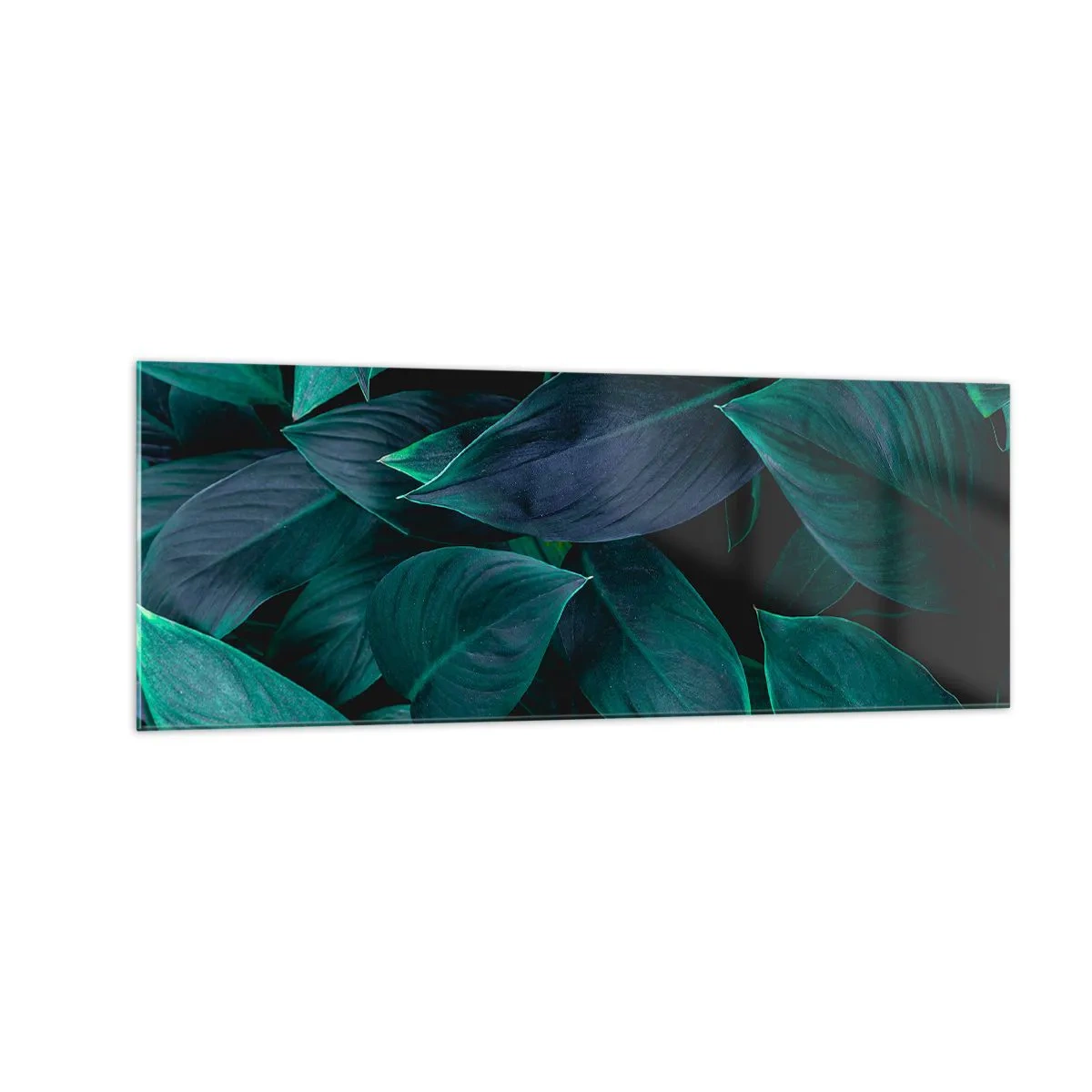 Quadro su vetro - Primo piano di foglie verdi con sfondo scuro - 140x50cm - Il verde puro - Decorazione murale moderna per soggiorno e camera da letto ARTTOR