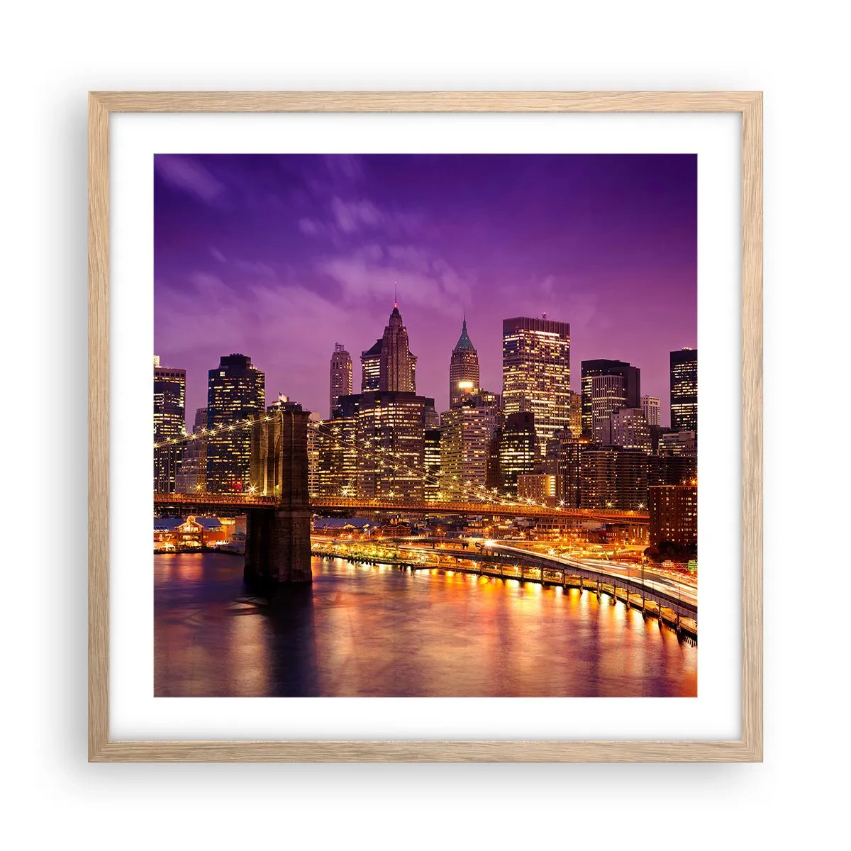 Poster in cornice rovere chiaro - Manhattan in viola e oro - 50x50 cm