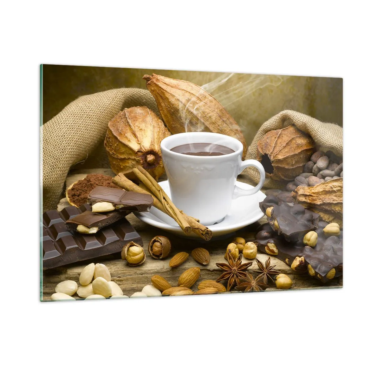 Quadro su vetro - Una tazza di cioccolata calda circondata da cioccolato e spezie - 120x80cm - Per i cercatori di emozioni - Decorazione murale moderna per soggiorno e camera da letto ARTTOR