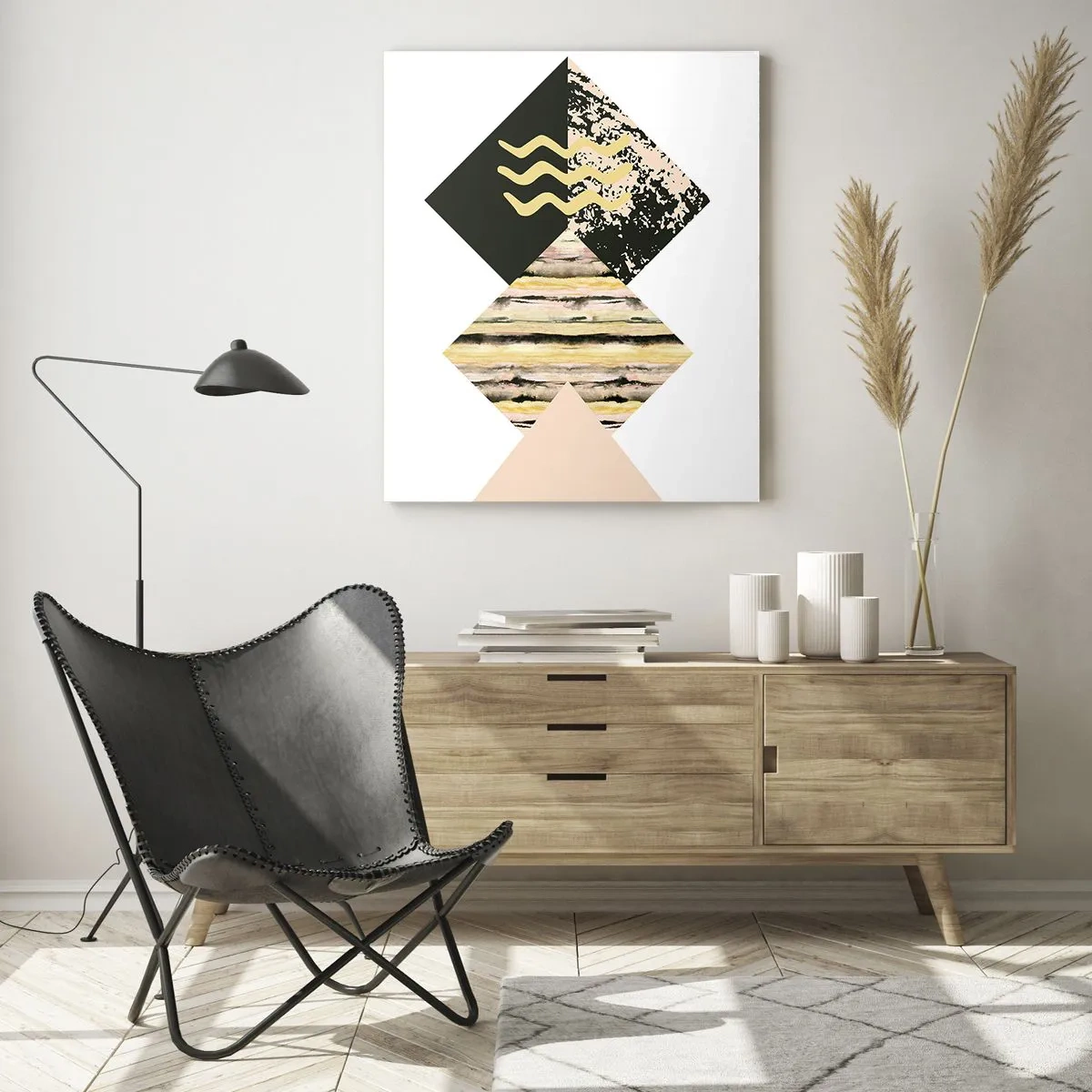 Quadro su vetro - Composizione geometrica astratta con triangoli e texture - 50x70cm - Non è così facile - Decorazione murale moderna per soggiorno e camera da letto ARTTOR