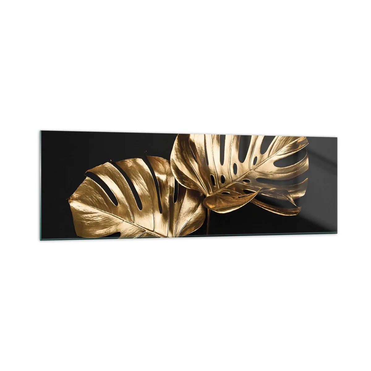 Quadro su vetro - Foglie di monstera dorate su sfondo nero - 160x50cm - I tesori della natura - Decorazione murale moderna per soggiorno e camera da letto ARTTOR