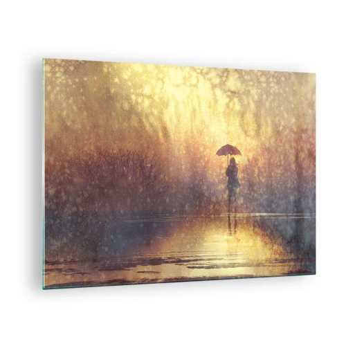 Quadro su vetro - Una figura con un ombrello alla luce del sole al tramonto e della pioggia - 70x50cm - Sento che qualcuno mi guarda - Decorazione murale moderna per soggiorno e camera da letto ARTTOR