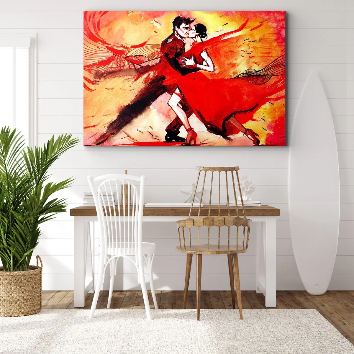 Quadro su tela - Stampe su Tela - Una coppia che balla il tango nei toni del rosso su uno sfondo dinamico. - 100x70cm - Il ritmo porpora della passione - Decorazione murale moderna per soggiorno e camera da letto ARTTOR