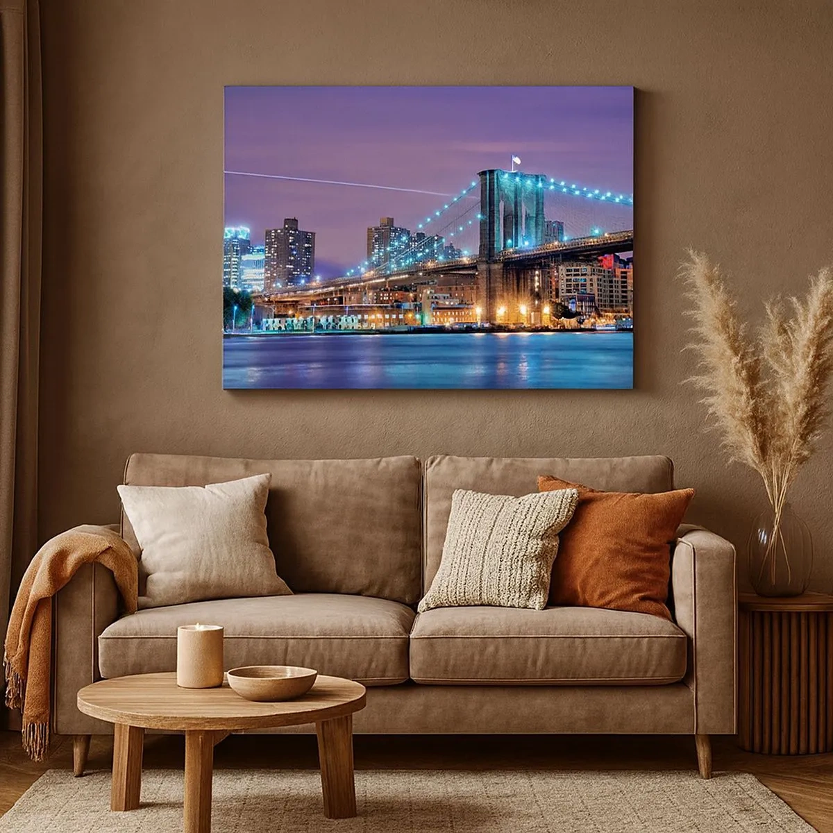 Quadro su tela - Stampe su Tela - Ponte di Brooklyn di notte con la città illuminata sullo sfondo - 70x50cm - Da tanti anni il ponte di Brooklyn - Decorazione murale moderna per soggiorno e camera da letto ARTTOR