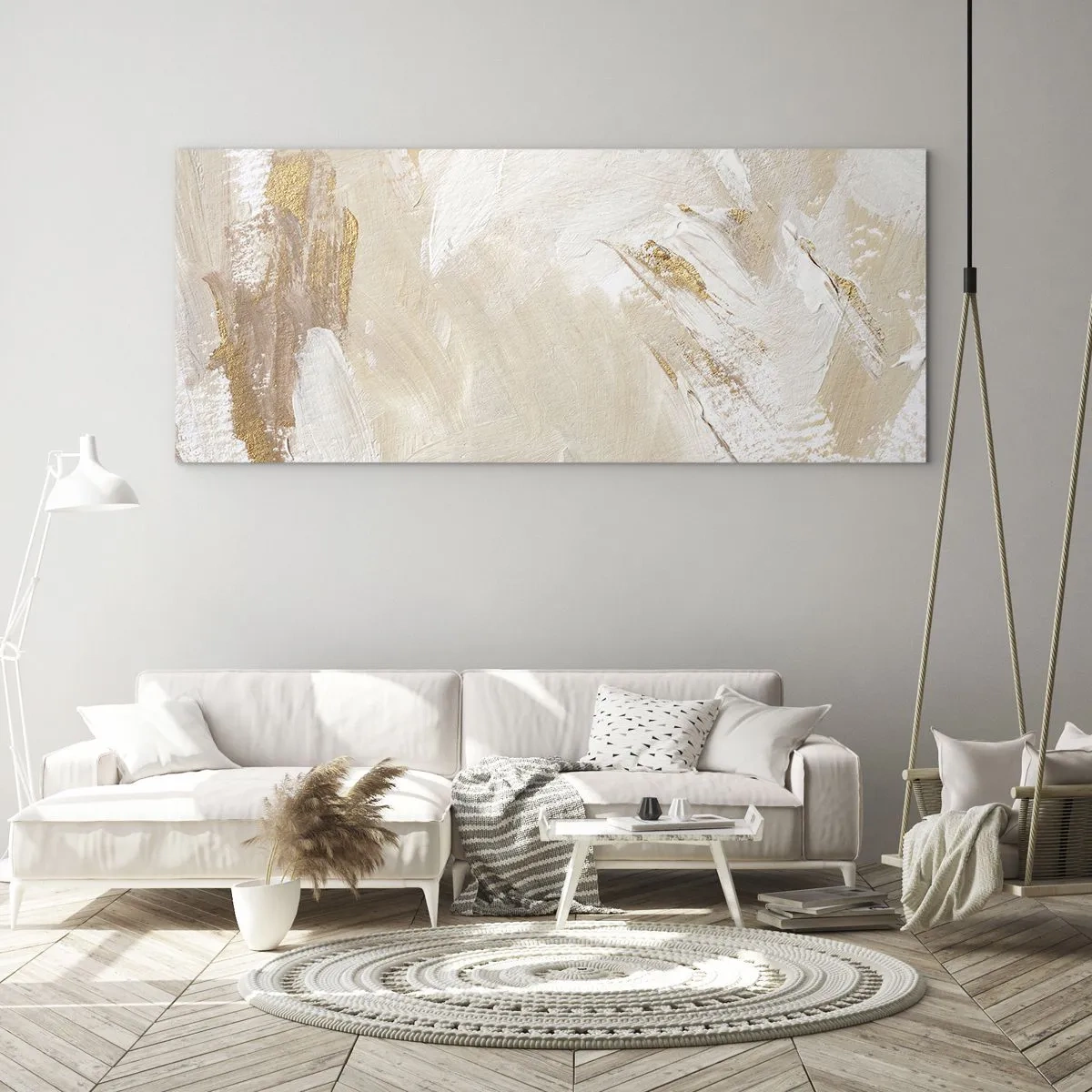 Quadro su vetro - Delicati toni astratti nelle tonalità del beige e dell'oro - 160x50cm - Composizione pastello - Decorazione murale moderna per soggiorno e camera da letto ARTTOR