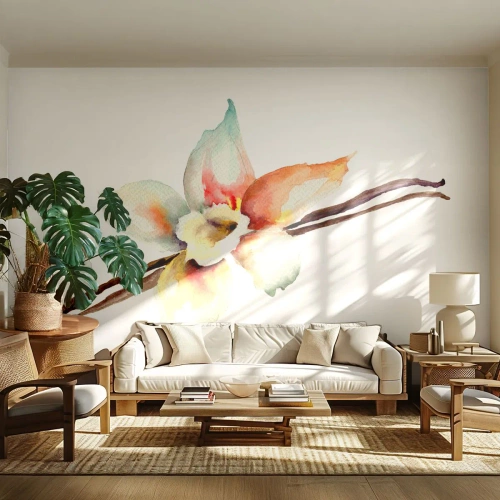 Fotomurali Standard Eco - Illustrazione ad acquerello di un fiore di vaniglia su sfondo bianco - 100x70cm - Dolcezza versata con la vernice - Decorazione murale moderna per soggiorno e camera da letto ARTTOR