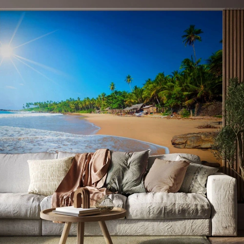 Fotomurali Premium Sand - Una soleggiata spiaggia tropicale con palme e un oceano turchese - 100x70cm - Un luogo esotico per te - Decorazione murale moderna per soggiorno e camera da letto ARTTOR