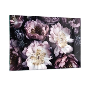 Quadro su vetro - Un romantico bouquet di peonie in tenui toni viola e rosa - 120x80cm - Bouquet nel vecchio stile - Decorazione murale moderna per soggiorno e camera da letto ARTTOR