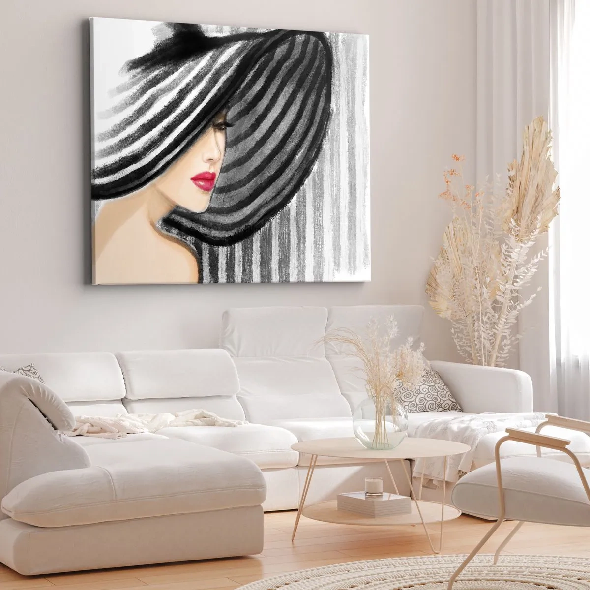 Quadro su tela - Stampe su Tela - Donna che indossa un cappello bianco e nero con un accento rosso - 120x80cm - Dove trovarti? - Decorazione murale moderna per soggiorno e camera da letto ARTTOR