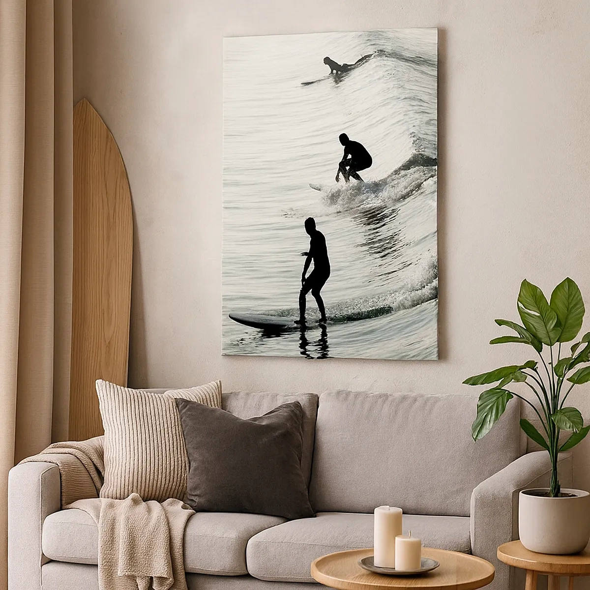 Quadro su tela - Stampe su Tela - Surfisti sulle onde in uno scatto monocromatico - 50x70cm - Onde all'incontro - Decorazione murale moderna per soggiorno e camera da letto ARTTOR
