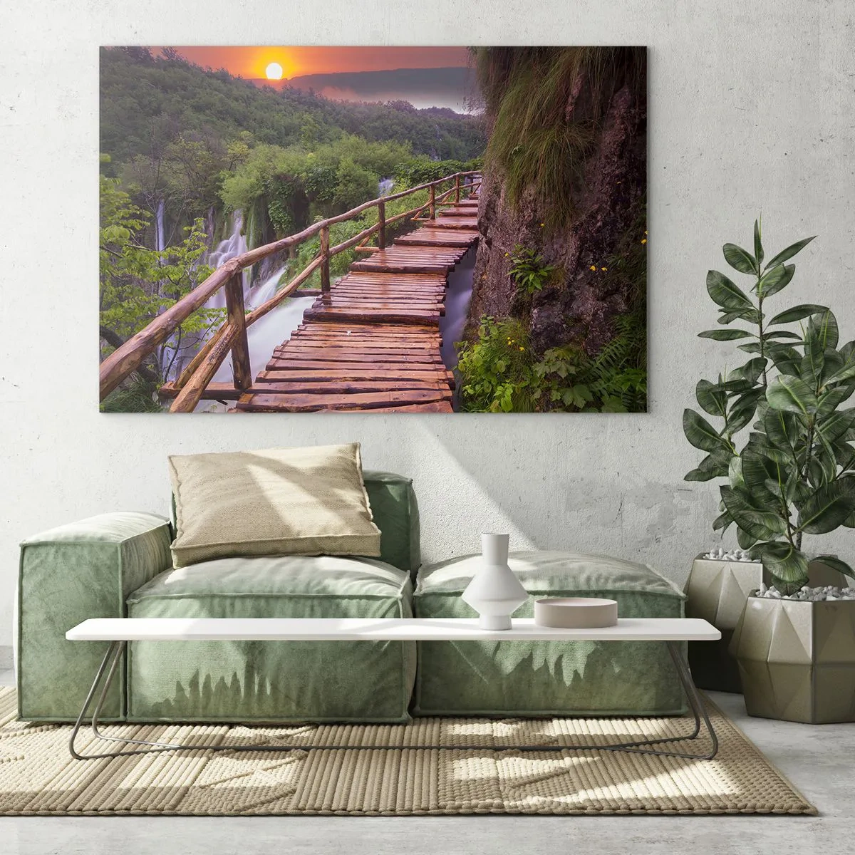 Quadro su vetro - Un sentiero in legno tra il verde al tramonto - 100x70cm - Una bellezza incredibile - Decorazione murale moderna per soggiorno e camera da letto ARTTOR
