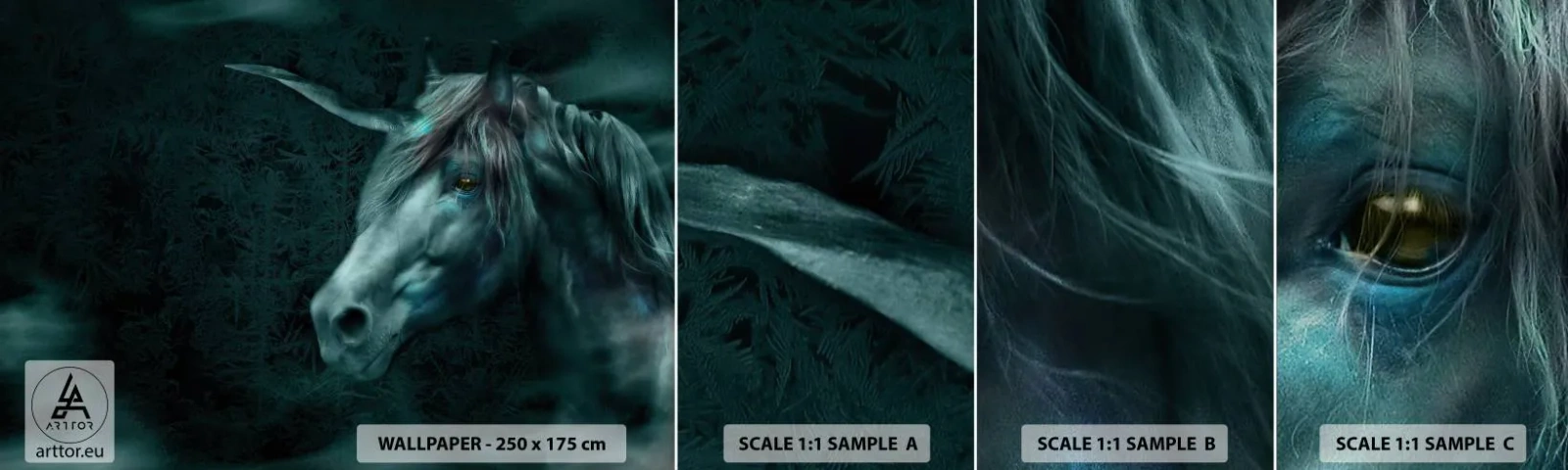 Campione Di Fotomurale Standard Eco - Nel bosco incantato - Unicorno, Fantasia, Astrazione - 100x30 cm