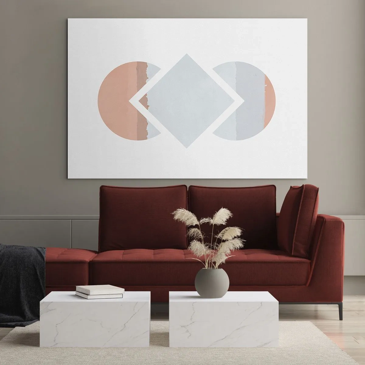 Quadro su vetro - Un rombo pastello al centro tra i semicerchi su uno sfondo bianco. - 120x80cm - La situazione è chiara - Decorazione murale moderna per soggiorno e camera da letto ARTTOR