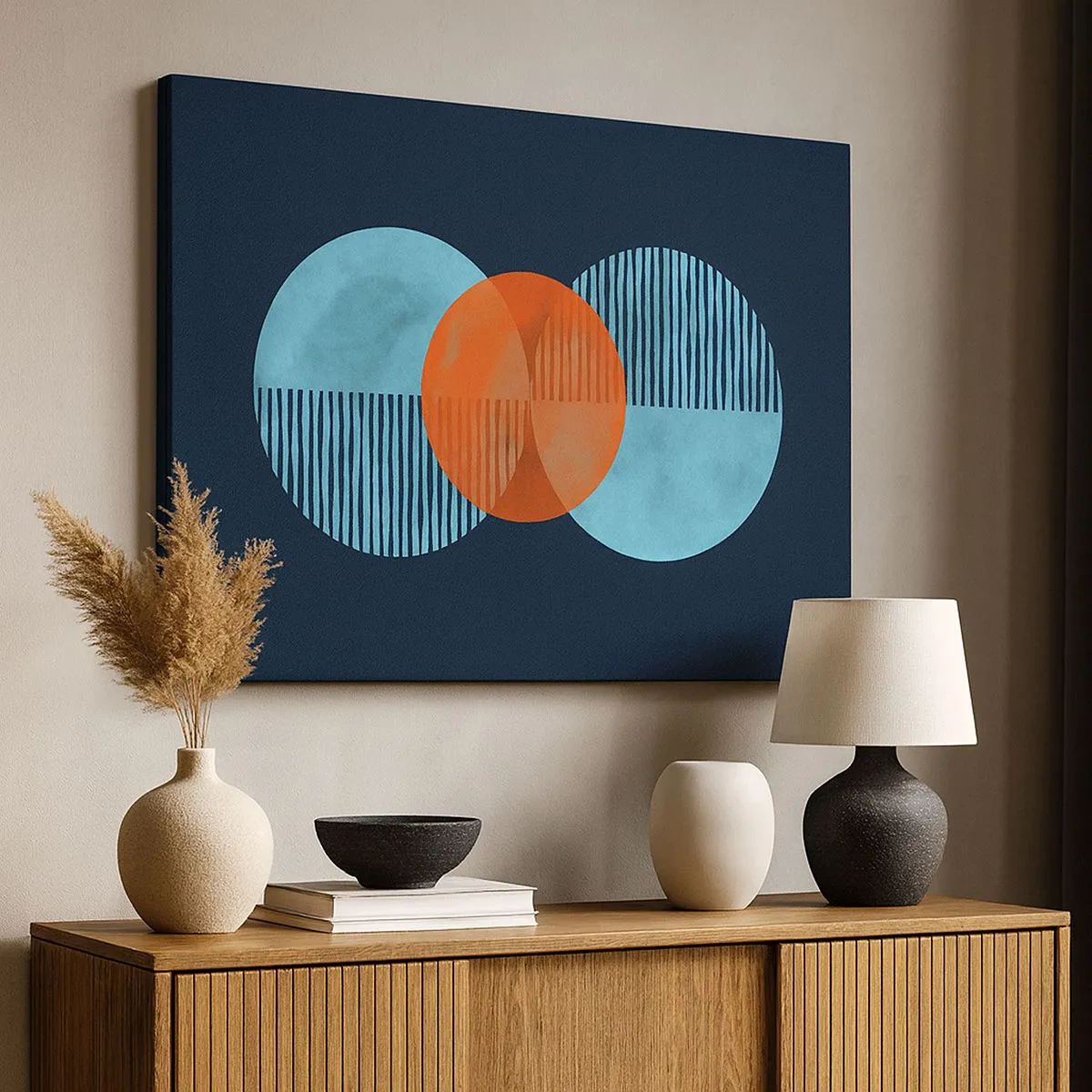 Quadro su tela - Stampe su Tela - Cerchi geometrici nei toni del blu e dell'arancione - 70x50cm - Composizione simmetrica - Decorazione murale moderna per soggiorno e camera da letto ARTTOR