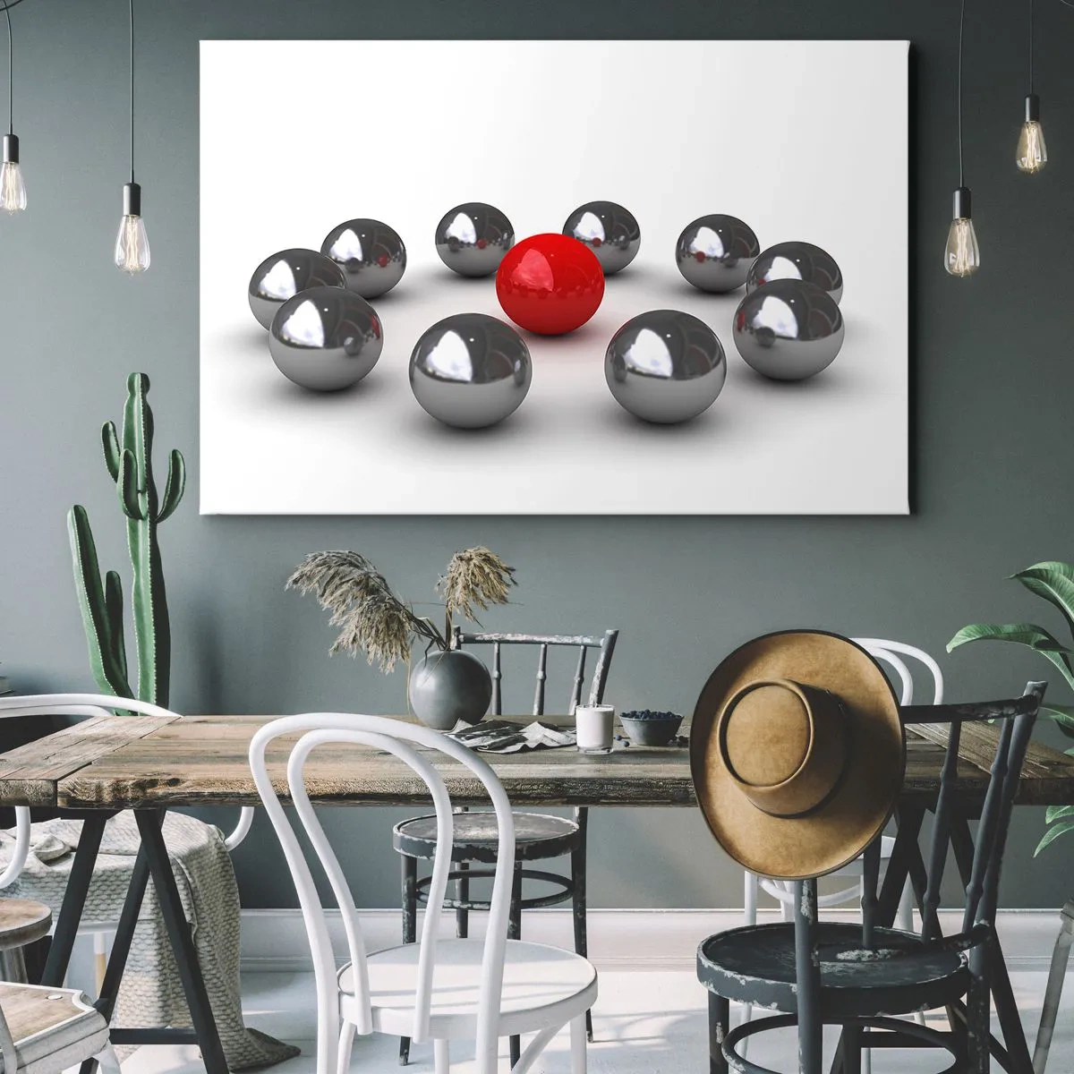 Quadro su tela - Stampe su Tela - Una palla rossa circondata da palline argentate su uno sfondo bianco - 70x50cm - Cerchio in argento e rosso - Decorazione murale moderna per soggiorno e camera da letto ARTTOR