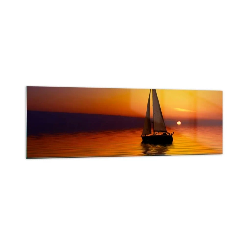 Quadro su vetro - Una barca a vela su un mare calmo al tramonto - 160x50cm - Che silenzio al tramonto... - Decorazione murale moderna per soggiorno e camera da letto ARTTOR
