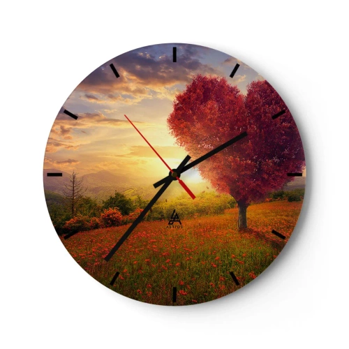 Orologio da parete - Orologio in Vetro - Paesaggio con un albero rosso a forma di cuore al tramonto - 30x30cm - Ti prende al cuore - Decorazione murale moderna per soggiorno, cucina e camera da letto ARTTOR