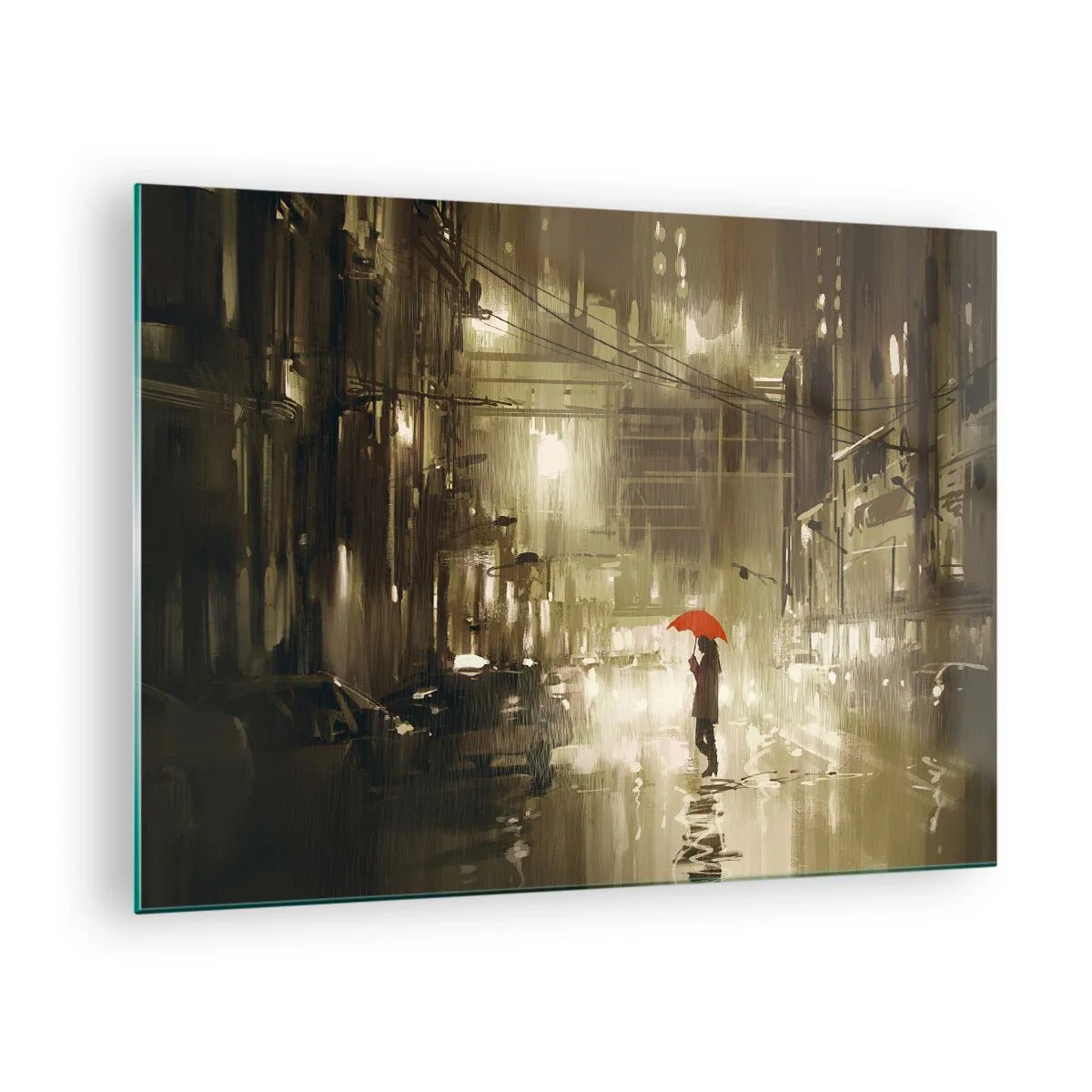 Quadro su vetro - Persona con ombrello rosso nella luce piovosa della città di notte - 70x50cm - Sola ma non solitaria - Decorazione murale moderna per soggiorno e camera da letto ARTTOR