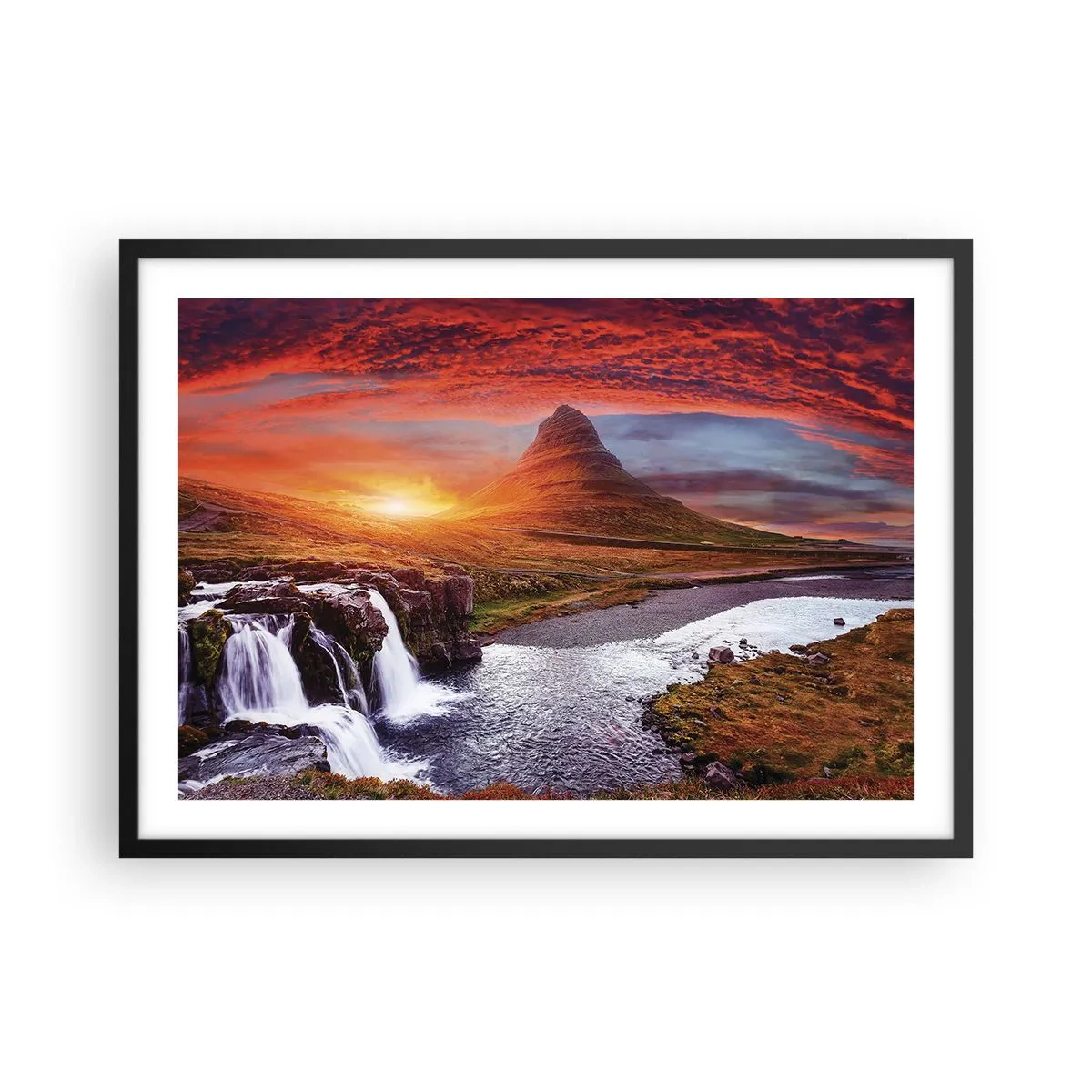 Poster in cornice nera - Paesaggio montano con cascata al tramonto - 70x50cm - Paesaggio della Terra di Mezzo - Decorazione murale moderna per soggiorno e camera da letto ARTTOR