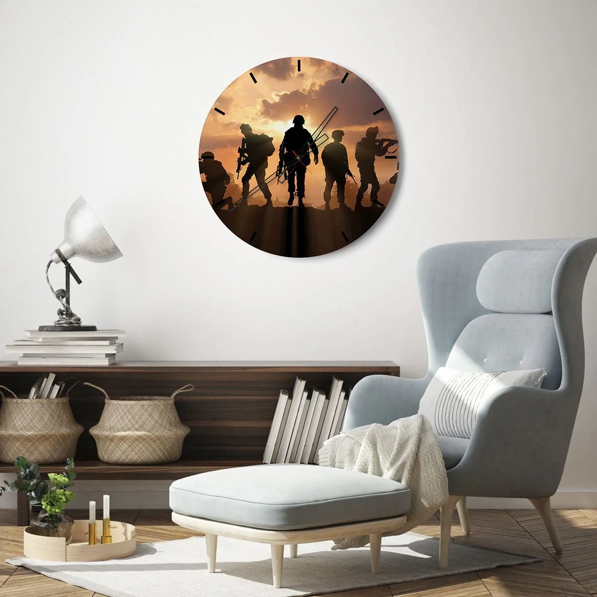 Orologio da parete - Orologio in Vetro - Sagome di soldati contro il sole al tramonto - 30x30cm - Brothers in arms - Decorazione murale moderna per soggiorno, cucina e camera da letto ARTTOR