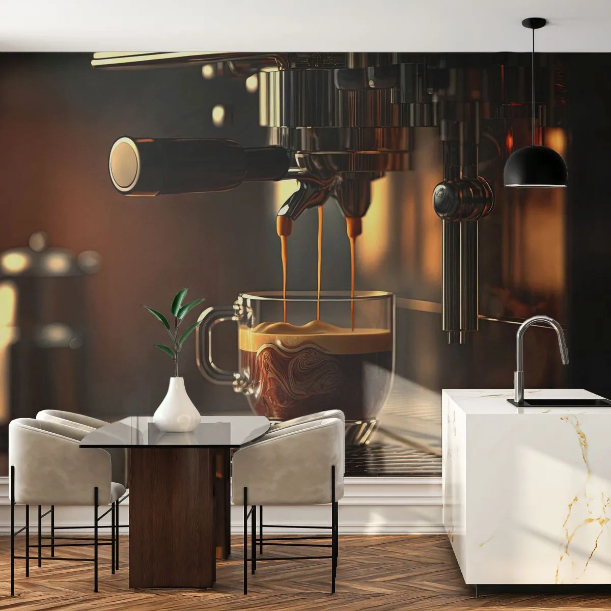 Fotomurali Premium Sand - Una macchina per il caffè con una tazza di espresso in un interno elegante - 100x70cm - Miscela sensuale - Decorazione murale moderna per soggiorno e camera da letto ARTTOR