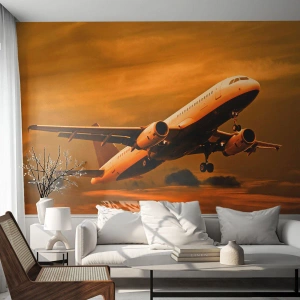 Fotomurali Premium Canvas - Un aereo passeggeri decolla sullo sfondo di un cielo dorato al tramonto. - 100x70cm - In volo verso il sole - Decorazione murale moderna per soggiorno e camera da letto ARTTOR
