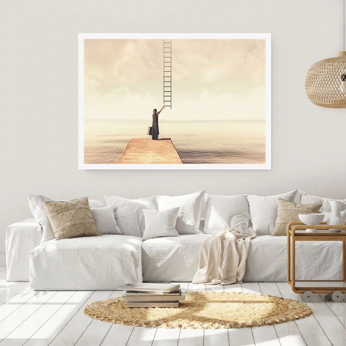Poster - Una donna in piedi su un molo con una scala che porta al cielo - 100x70cm - Viaggio magico - Decorazione murale moderna per soggiorno e camera da letto ARTTOR