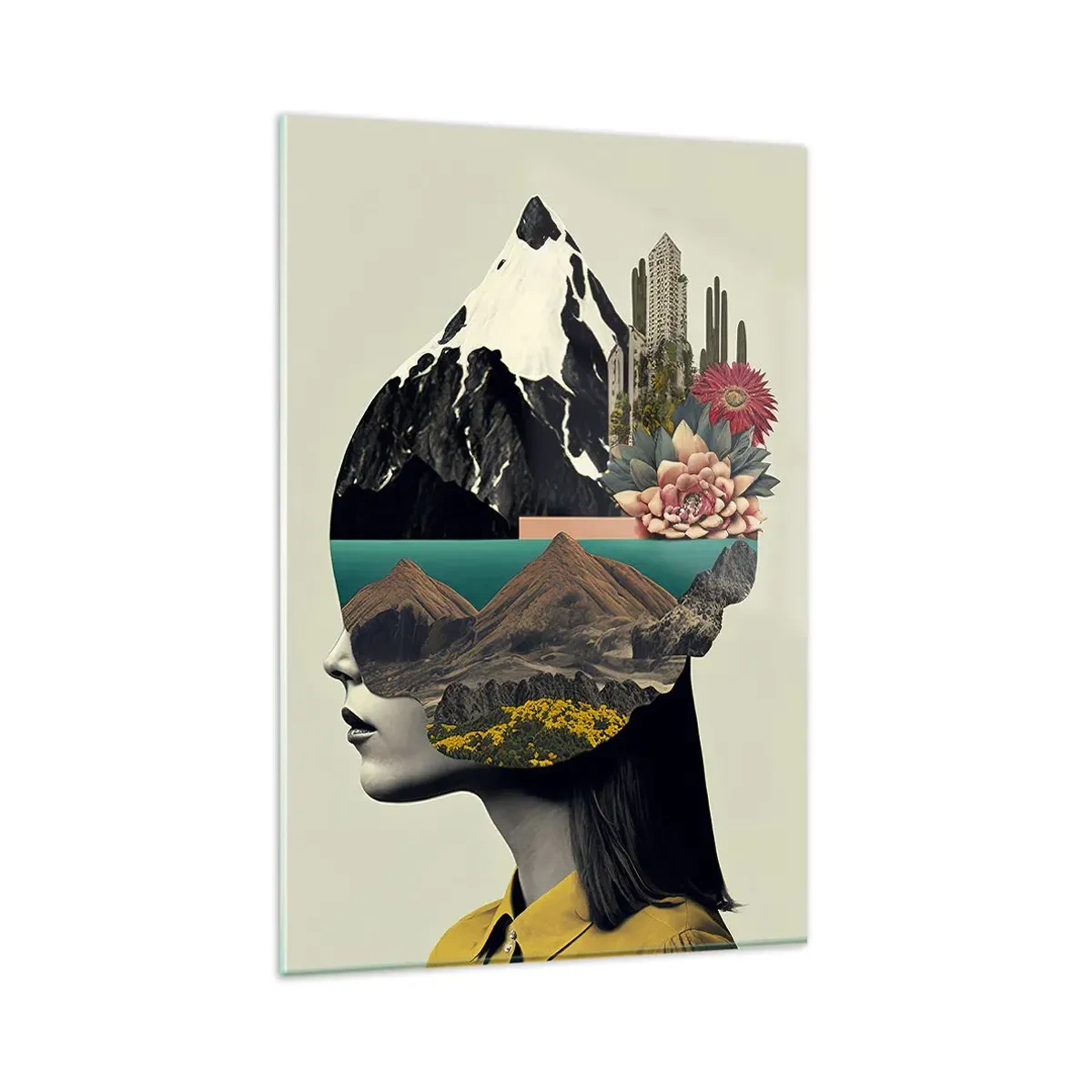 Quadro su vetro - Collage di una donna con un paesaggio montano e fiori - 80x120cm - La donna è sempre un mistero - Decorazione murale moderna per soggiorno e camera da letto ARTTOR