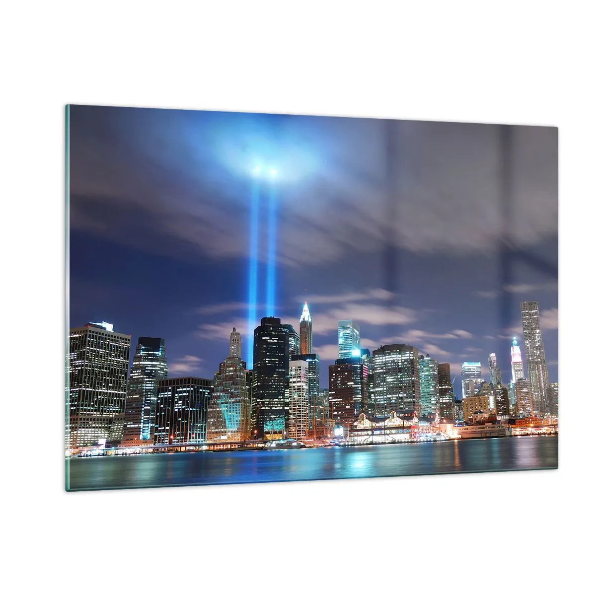 Quadro su vetro - Panorama serale della città con i riflettori - 120x80cm - Toccare il cielo con la luce - Decorazione murale moderna per soggiorno e camera da letto ARTTOR