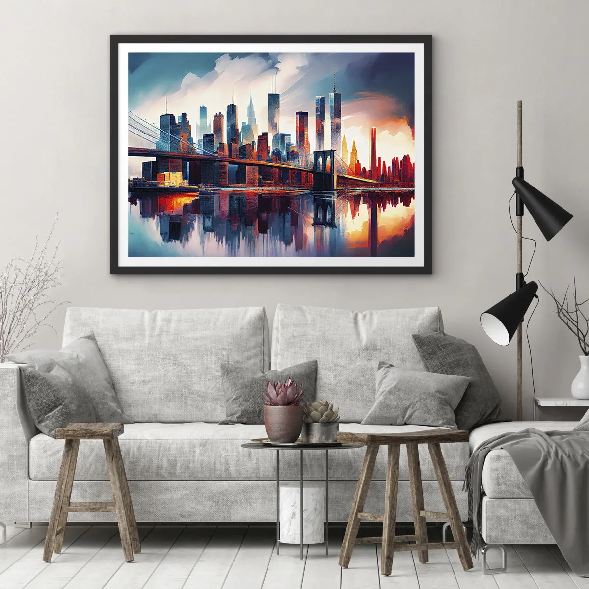 Poster in cornice nera - Panorama di New York City con ponte e riflesso nell'acqua - 100x70cm - Una New York spettacolare - Decorazione murale moderna per soggiorno e camera da letto ARTTOR