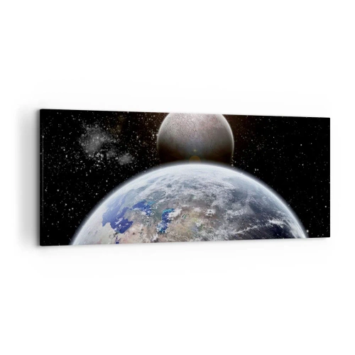 Quadro su tela - Stampe su Tela - Il pianeta Terra e la Luna sullo sfondo dello spazio stellato. - 120x50cm - Paesaggio cosmico: sorgere del sole - Decorazione murale moderna per soggiorno e camera da letto ARTTOR