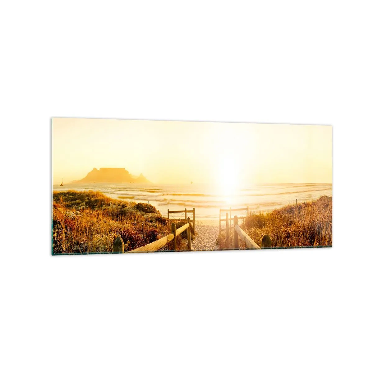 Quadro su vetro - Sentiero per la spiaggia durante un tramonto dorato - 120x50cm - Attraverso la duna, verso il sole - Decorazione murale moderna per soggiorno e camera da letto ARTTOR