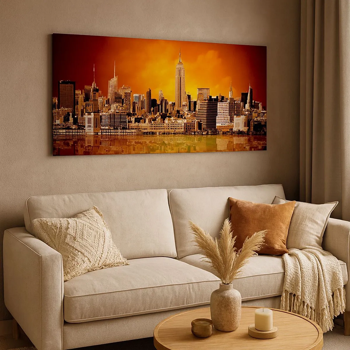 Quadro su tela - Stampe su Tela - Panorama di grande città in giallo e marrone - 100x40 cm