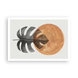 Poster - Foglia di monstera e cerchio dorato su sfondo chiaro - 100x70cm - Sempre il sole - Decorazione murale moderna per soggiorno e camera da letto ARTTOR