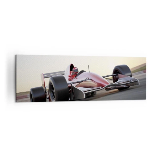 Quadro su tela - Stampe su Tela - Una macchina rossa di Formula 1 su una pista da corsa mentre guida - 160x50cm - Sempre vincente - Decorazione murale moderna per soggiorno e camera da letto ARTTOR