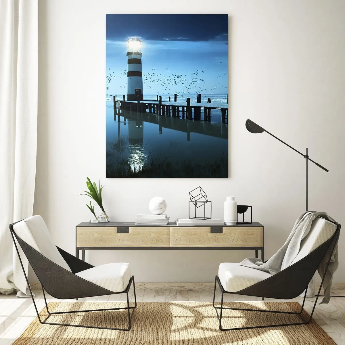 Quadro su vetro - Il faro sul molo illuminato di notte - 70x100cm - E passa la paura del buio - Decorazione murale moderna per soggiorno e camera da letto ARTTOR