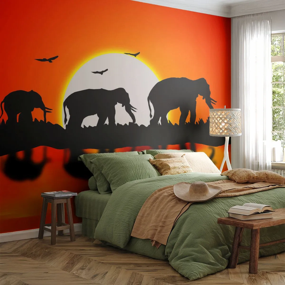 Fotomurali Premium Sand - Sagome di elefanti al tramonto sull'acqua - 100x70cm - Un piccolo drink la sera - Decorazione murale moderna per soggiorno e camera da letto ARTTOR