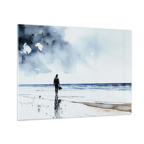 Quadro su vetro - Silhouette di una persona in riva al mare in delicato acquerello - 70x50cm - Dialogo con il mare - Decorazione murale moderna per soggiorno e camera da letto ARTTOR