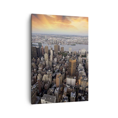Quadro su tela - Stampe su Tela - Vista della metropoli con il sole al tramonto - 50x70cm - Il cuore pulsante dei nostri tempi - Decorazione murale moderna per soggiorno e camera da letto ARTTOR