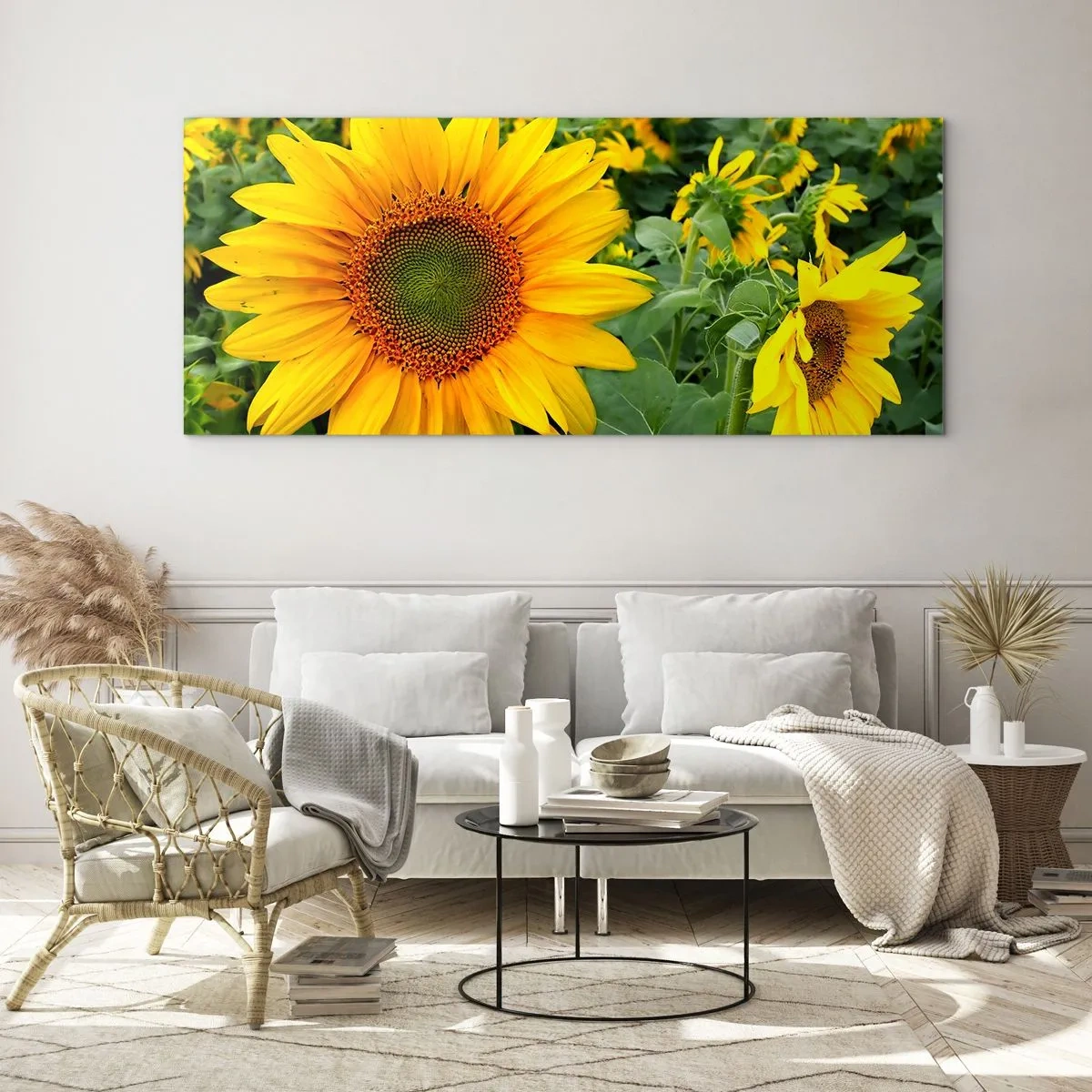 Quadro su vetro - Un campo di girasoli con fiori gialli su uno sfondo di foglie verdi - 120x50cm - Centinaia di soli ardono - Decorazione murale moderna per soggiorno e camera da letto ARTTOR