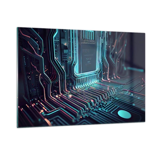 Quadro su vetro - Visualizzazione al neon delle tracce del processore su uno sfondo nero - 120x80cm - Sto pensando qualcosa... - Decorazione murale moderna per soggiorno e camera da letto ARTTOR