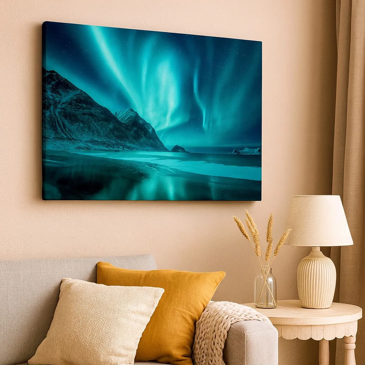 Quadro su tela - Stampe su Tela - Aurora boreale su un paesaggio invernale montuoso - 70x50cm - Miracolo del Nord - Decorazione murale moderna per soggiorno e camera da letto ARTTOR