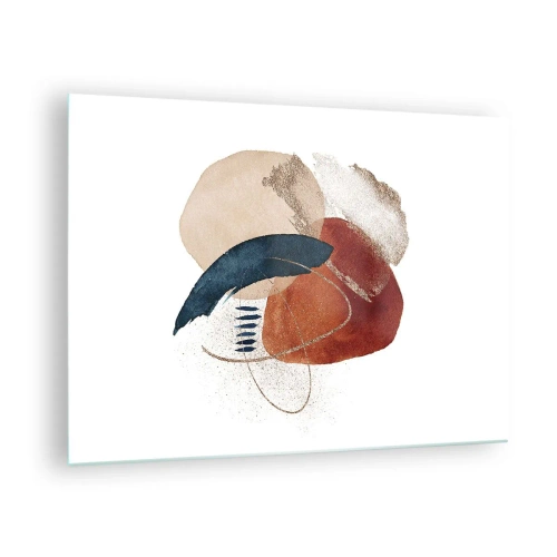 Quadro su vetro - Una composizione astratta in tonalità calde con elementi acquatici. - 70x50cm - Composizione ovale - Decorazione murale moderna per soggiorno e camera da letto ARTTOR