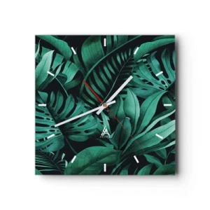 Orologio da parete - Orologio in Vetro - Foglie tropicali in tonalità di verde intenso - 30x30cm - Dal profondo del verde tropicale - Decorazione murale moderna per soggiorno e camera da letto ARTTOR
