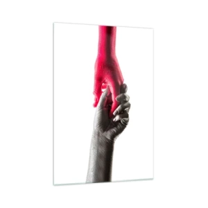Quadro su vetro - Mani simboliche in argento e rosso - 70x100cm - Insieme, sebbene diversi - Decorazione murale moderna per soggiorno e camera da letto ARTTOR