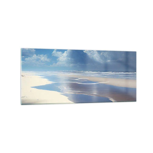 Quadro su vetro - Una spiaggia sabbiosa con onde sotto un cielo azzurro - 120x50cm - Vacanze in paradiso - Decorazione murale moderna per soggiorno e camera da letto ARTTOR